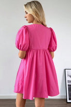 Load image into Gallery viewer, Bright Pink Solid Color Puff Sleeve Tie Front High Waist Mini Dress
