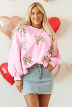 Load image into Gallery viewer, Parchment Embroidered Bow Lantern Sleeve Oversized Pullover Sweatshirt
