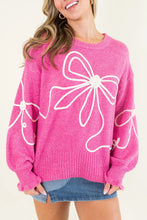 Load image into Gallery viewer, Bright Pink Corded Flower Bow Ribbed Trim Casual Sweater
