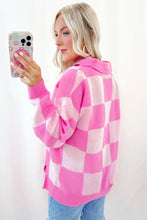 Load image into Gallery viewer, Pink Checkerboard Half Button Collared Drop Shoulder Sweater
