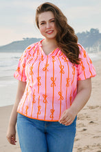 Load image into Gallery viewer, Rose Bowknot Print Shirred V Neck Puff Sleeve Plus Size Blouse
