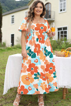 Load image into Gallery viewer, Orange Plus Size Flower Print Shirred Square Neck Maxi Dress
