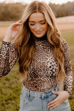 Load image into Gallery viewer, Brown Leopard Smocked Neck Mesh Long Sleeve Bodysuit
