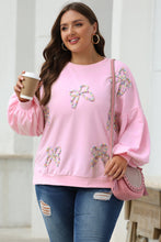 Load image into Gallery viewer, Parchment Embroidered Bow Lantern Sleeve Oversized Pullover Sweatshirt
