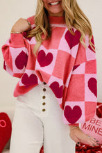 Load image into Gallery viewer, Pink Plus Size Love Heart Block Mock Neck Lantern Sleeve Valentine Sweater
