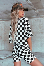 Load image into Gallery viewer, Black Checkerboard Print V Neck Loose Tee and Shorts Lounge Set
