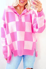 Load image into Gallery viewer, Pink Checkerboard Half Button Collared Drop Shoulder Sweater
