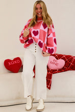 Load image into Gallery viewer, Pink Plus Size Love Heart Block Mock Neck Lantern Sleeve Valentine Sweater
