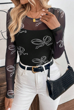 Load image into Gallery viewer, Black Round Neck Bow Print Long Sleeve Mesh Top
