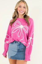 Load image into Gallery viewer, Bright Pink Corded Flower Bow Ribbed Trim Casual Sweater
