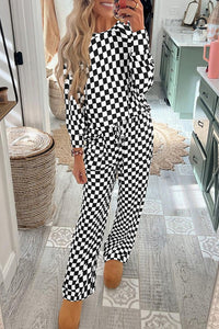 Black Checkered Print Long Sleeve Top and Pants Lounge Set