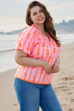 Load image into Gallery viewer, Rose Bowknot Print Shirred V Neck Puff Sleeve Plus Size Blouse
