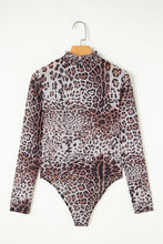 Load image into Gallery viewer, Brown Leopard Smocked Neck Mesh Long Sleeve Bodysuit
