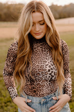 Load image into Gallery viewer, Brown Leopard Smocked Neck Mesh Long Sleeve Bodysuit
