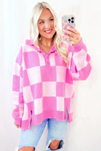 Load image into Gallery viewer, Pink Checkerboard Half Button Collared Drop Shoulder Sweater
