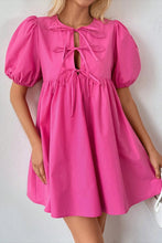 Load image into Gallery viewer, Bright Pink Solid Color Puff Sleeve Tie Front High Waist Mini Dress
