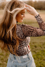 Load image into Gallery viewer, Brown Leopard Smocked Neck Mesh Long Sleeve Bodysuit
