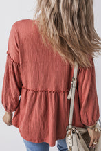 Load image into Gallery viewer, Mineral Red Solid Color Textured Frilled Trim V Neck Puff Sleeve Blouse
