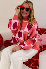 Load image into Gallery viewer, Pink Plus Size Love Heart Block Mock Neck Lantern Sleeve Valentine Sweater
