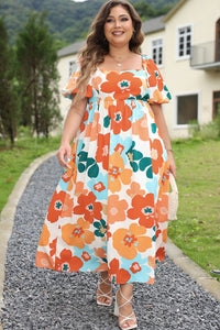 Orange Plus Size Flower Print Shirred Square Neck Maxi Dress