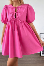 Load image into Gallery viewer, Bright Pink Solid Color Puff Sleeve Tie Front High Waist Mini Dress
