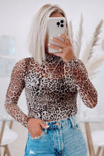 Load image into Gallery viewer, Brown Leopard Smocked Neck Mesh Long Sleeve Bodysuit
