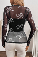 Load image into Gallery viewer, Black Round Neck Bow Print Long Sleeve Mesh Top
