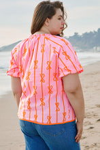 Load image into Gallery viewer, Rose Bowknot Print Shirred V Neck Puff Sleeve Plus Size Blouse
