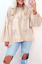 Load image into Gallery viewer, Parchment Embroidered Bow Lantern Sleeve Oversized Pullover Sweatshirt
