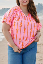 Load image into Gallery viewer, Rose Bowknot Print Shirred V Neck Puff Sleeve Plus Size Blouse
