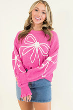 Load image into Gallery viewer, Bright Pink Corded Flower Bow Ribbed Trim Casual Sweater
