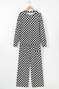 Black Checkered Print Long Sleeve Top and Pants Lounge Set