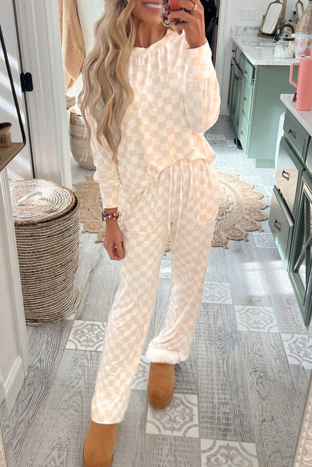 Black Checkered Print Long Sleeve Top and Pants Lounge Set