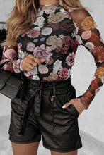 Load image into Gallery viewer, Pink Mesh Floral Print Mock Neck Long Sleeve Slim Top
