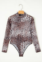 Load image into Gallery viewer, Brown Leopard Smocked Neck Mesh Long Sleeve Bodysuit
