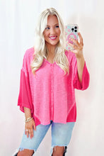 Load image into Gallery viewer, Sachet Pink Contrast Patchwork 3/4 Sleeve V Neck Loose Blouse
