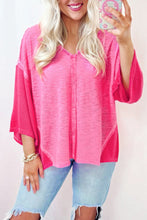 Load image into Gallery viewer, Sachet Pink Contrast Patchwork 3/4 Sleeve V Neck Loose Blouse
