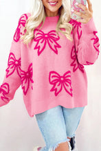 Load image into Gallery viewer, Pink Bow Pattern Drop Shoulder Loose Sweater
