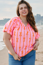 Load image into Gallery viewer, Rose Bowknot Print Shirred V Neck Puff Sleeve Plus Size Blouse
