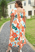 Load image into Gallery viewer, Orange Plus Size Flower Print Shirred Square Neck Maxi Dress
